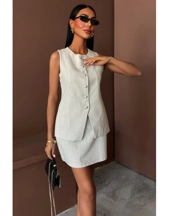 Uzun Yelek ini Etek Flamlı Keten Takım 10148