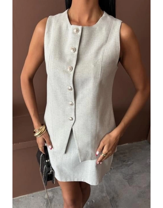 Uzun Yelek ini Etek Flamlı Keten Takım 10148