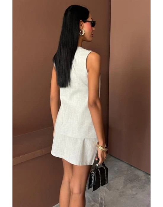 Uzun Yelek ini Etek Flamlı Keten Takım 10148