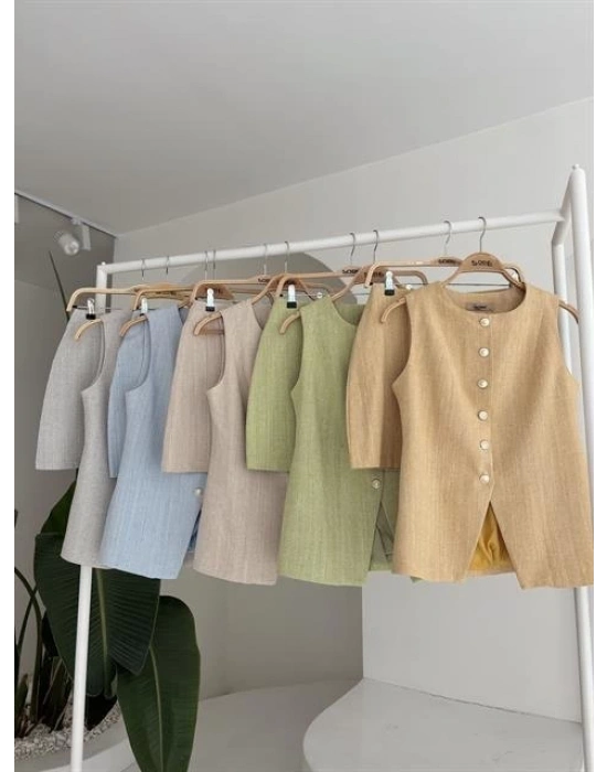 Uzun Yelek ini Etek Flamlı Keten Takım 10148