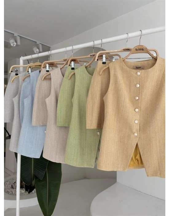 Uzun Yelek ini Etek Flamlı Keten Takım 10148