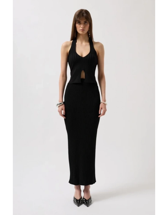 V Detay Dokulu Crop Bluz