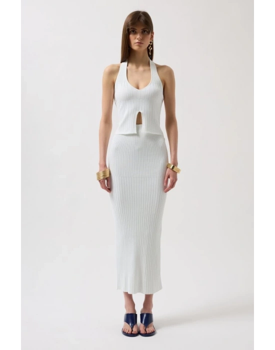 V Detay Dokulu Crop Bluz