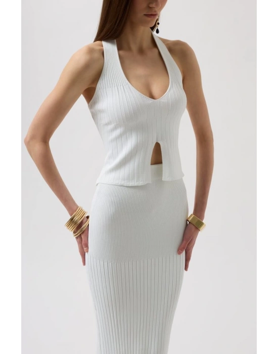 V Detay Dokulu Crop Bluz