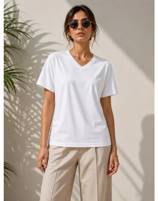 V Yaka Basic Tişört Kısa Kol Yazlık Regular Fit Thirt  Beyaz
