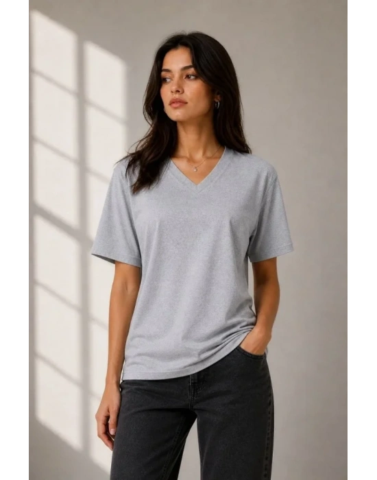 V Yaka Basic Tişört Kısa Kol Yazlık Regular Fit Thirt  Gri