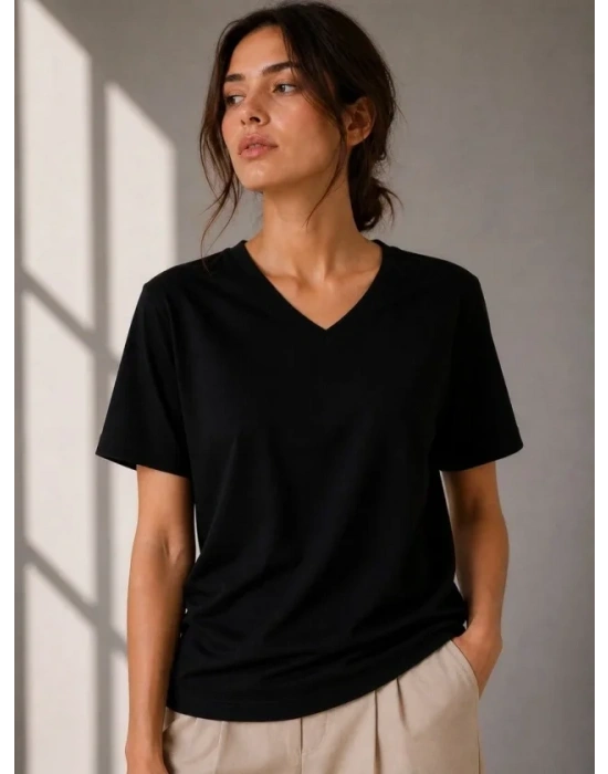 V Yaka Basic Tişört Kısa Kol Yazlık Regular Fit Thirt  iyah