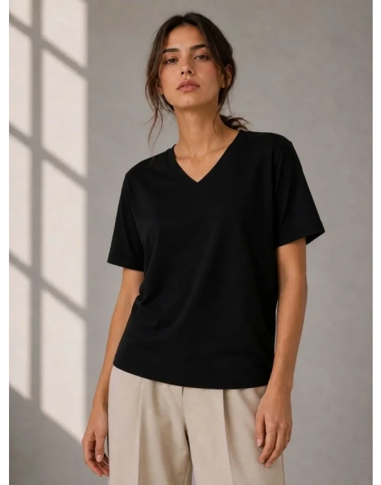 V Yaka Basic Tişört Kısa Kol Yazlık Regular Fit Thirt  iyah