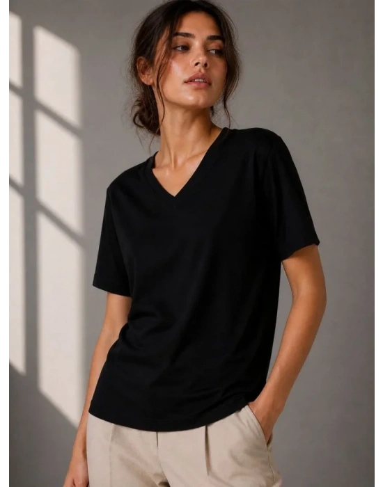 V Yaka Basic Tişört Kısa Kol Yazlık Regular Fit Thirt  iyah
