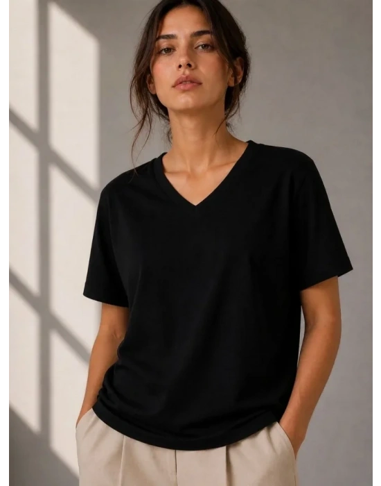 V Yaka Basic Tişört Kısa Kol Yazlık Regular Fit Thirt  iyah
