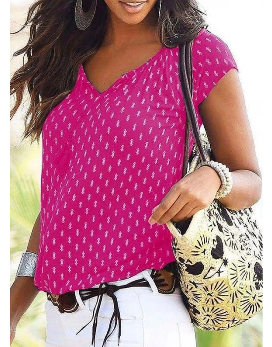 V Yaka Baskılı Mikro Kumaş Bluz