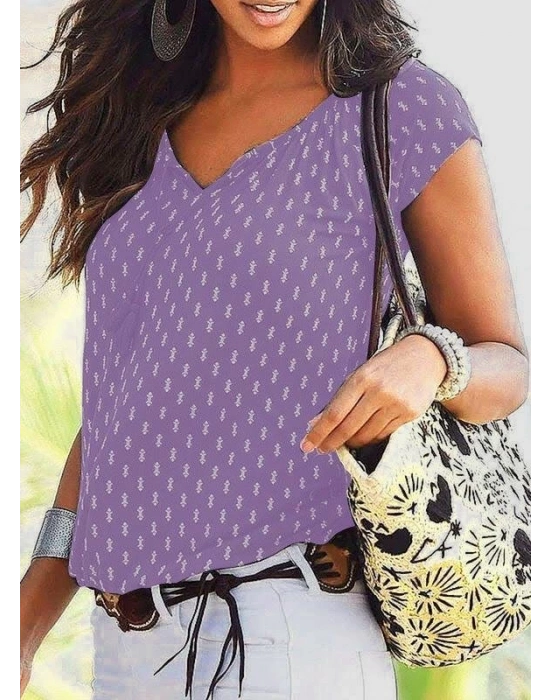 V Yaka Baskılı Mikro Kumaş Bluz