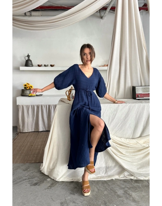 V YAKA BEL BONCUK BAĞLAALI ÜLİN ELBİE YIRTAÇ DETAYLI  Lacivert