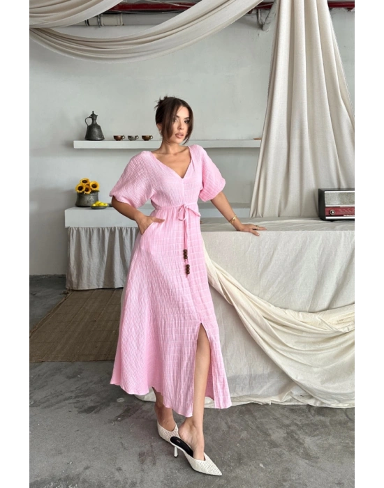 V YAKA BEL BONCUK BAĞLAALI ÜLİN ELBİE YIRTAÇ DETAYLI  Pembe