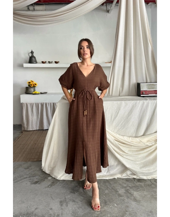 V YAKA BE BONCUK BAĞAMAI MÜSİN EBİSE YIRTMAÇ DETAYI  Kahverengi