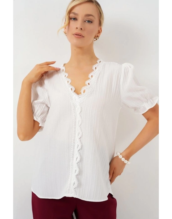 V Yaka Dantelli Bluz 956  Beyaz