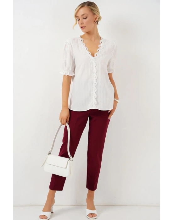 V Yaka Dantelli Bluz 956  Beyaz