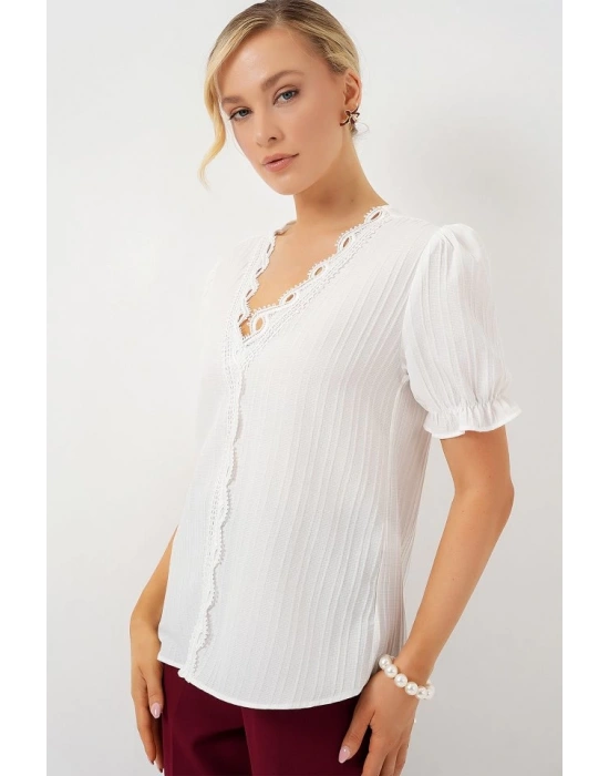V Yaka Dantelli Bluz 956  Beyaz