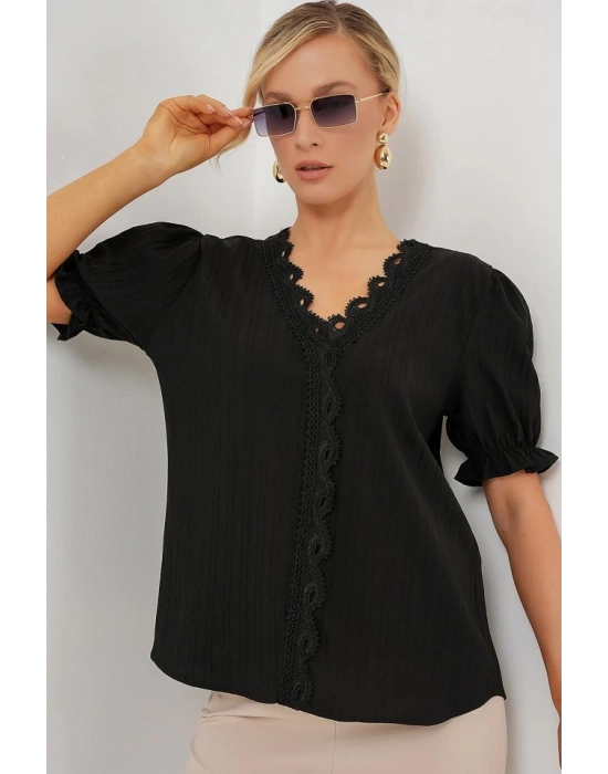 V Yaka Dantelli Bluz 956  Siyah
