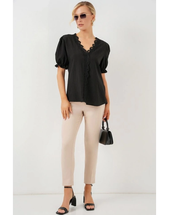 V Yaka Dantelli Bluz 956  Siyah