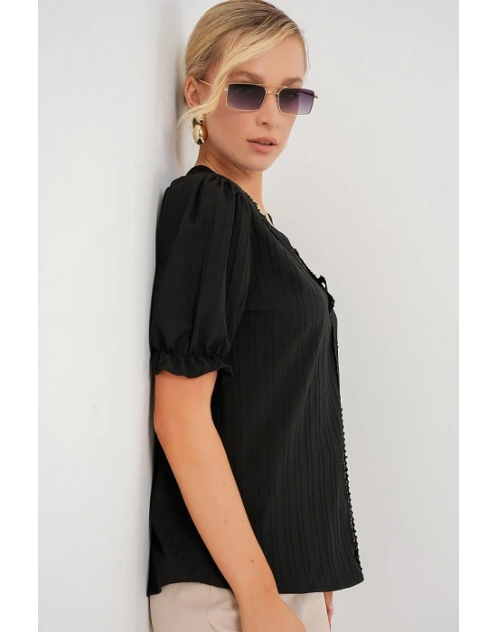 V Yaka Dantelli Bluz 956  Siyah