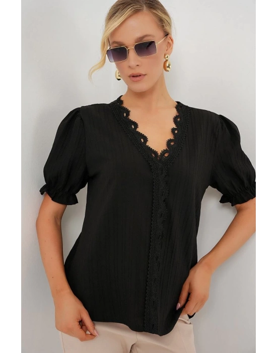 V Yaka Dantelli Bluz 956  Siyah