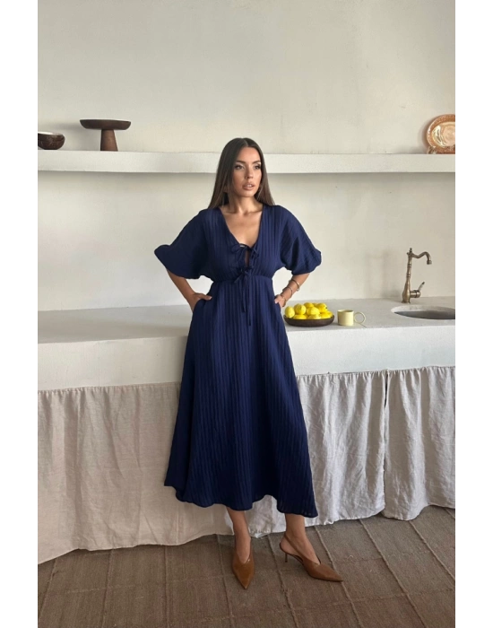 V YAKA DÖKÜLÜ ELBİSE  Lacivert