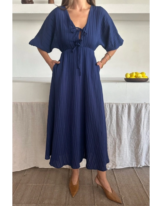 V YAKA DÖKÜLÜ ELBİSE  Lacivert