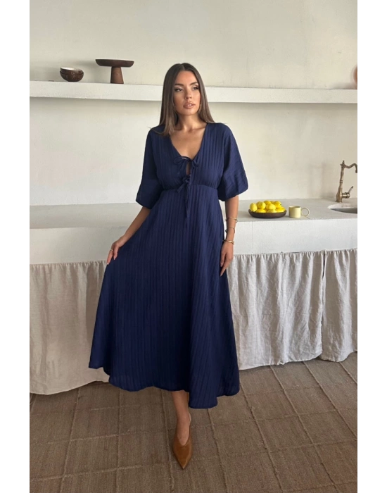 V YAKA DÖKÜLÜ ELBİSE  Lacivert