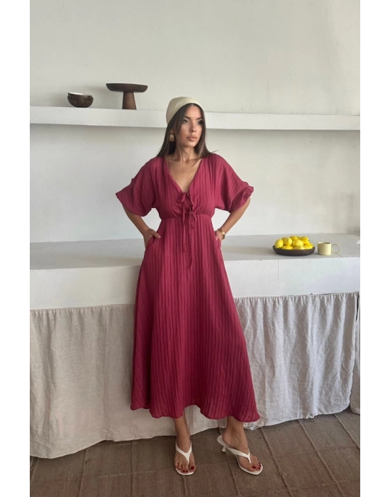 V YAKA DÖKÜLÜ ELBİSE  Pembe