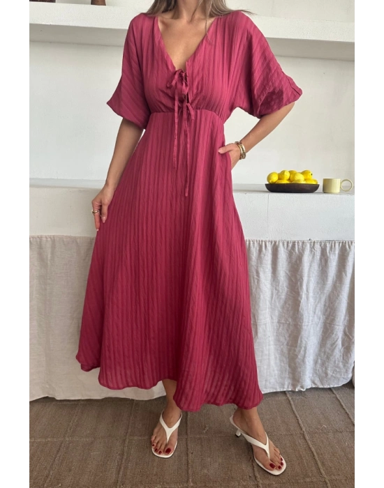 V YAKA DÖKÜLÜ ELBİSE  Pembe