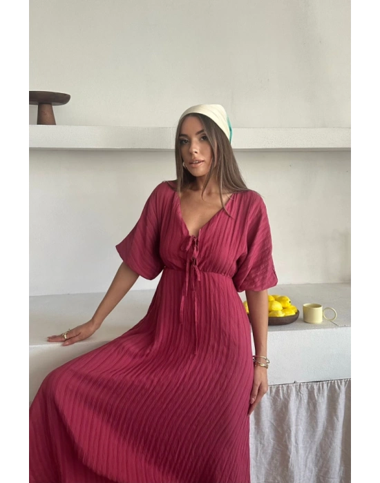 V YAKA DÖKÜLÜ ELBİSE  Pembe