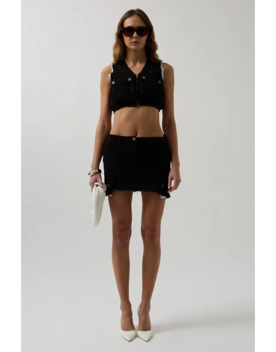 V Yaka Düğmeli Crop Yelek