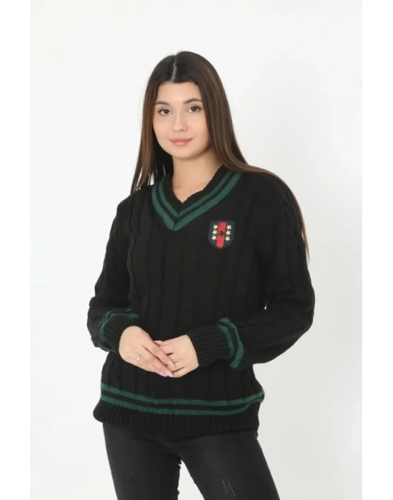 V Yaka Örgülü Kazak  Siyah