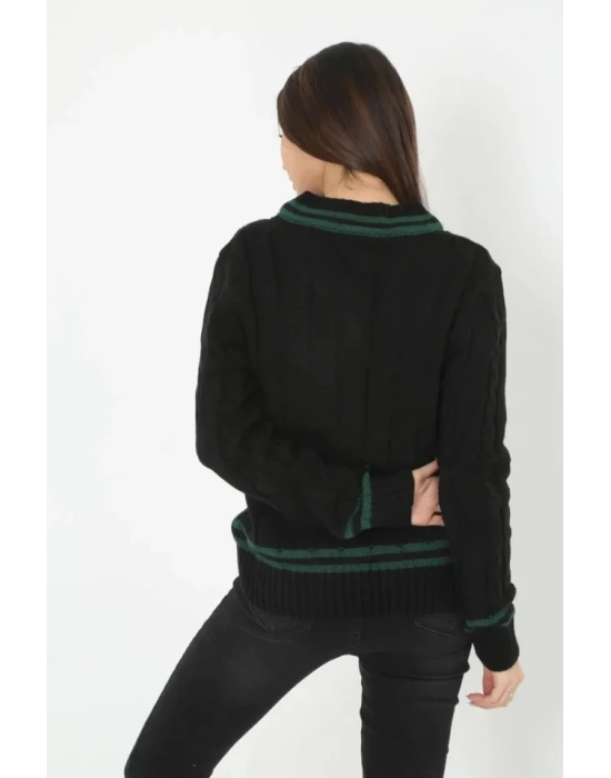 V Yaka Örgülü Kazak  Siyah