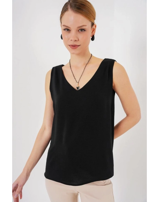 V Yaka Sıfır Kol Bluz 950  Siyah
