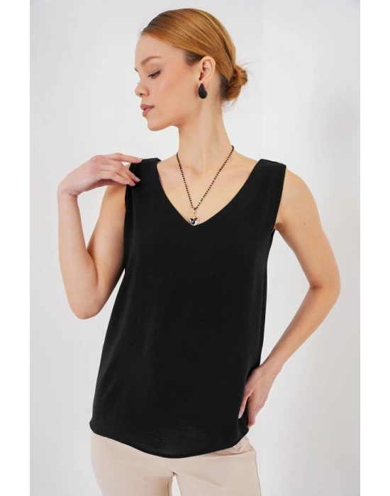 V Yaka Sıfır Kol Bluz 950  Siyah