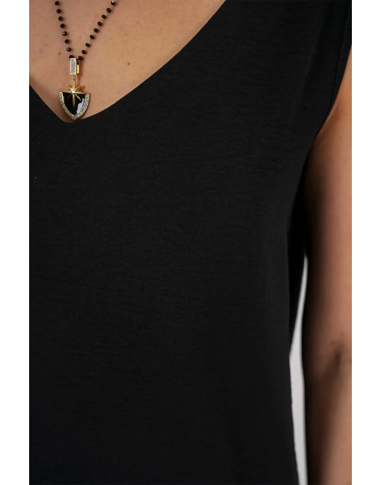 V Yaka Sıfır Kol Bluz 950  Siyah