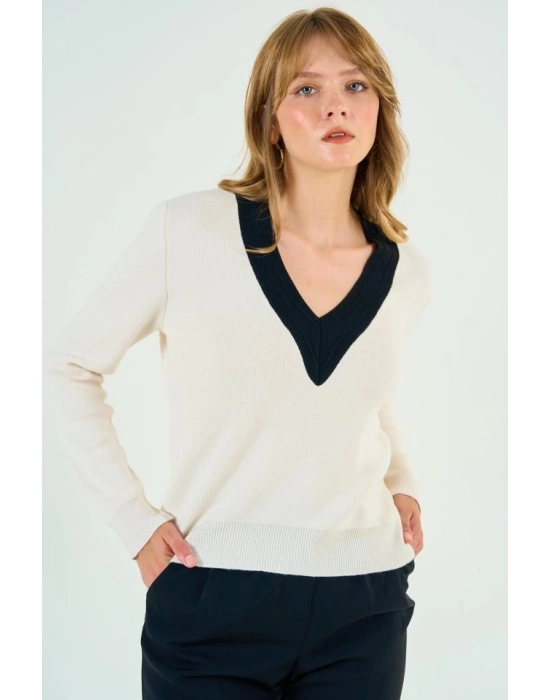 V Yaka Triko Kazak  KremSiyah