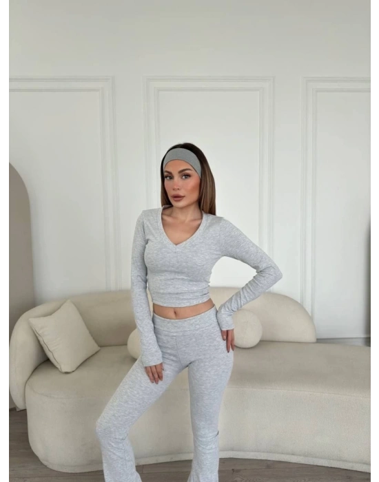 V Yaka Uzun Kollu Bluz İspanyol Paçalı Tayt İkili Takım  Gri
