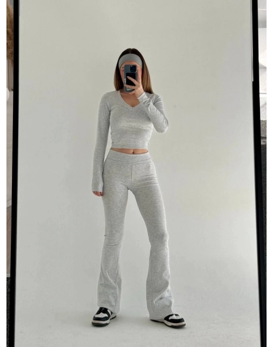 V Yaka Uzun Kollu Bluz İspanyol Paçalı Tayt İkili Takım  Gri