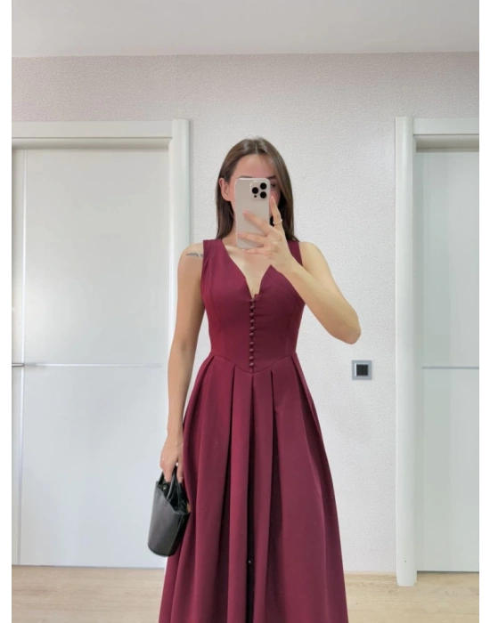 V Yaka Uzun Kolsuz Elbise Bordo