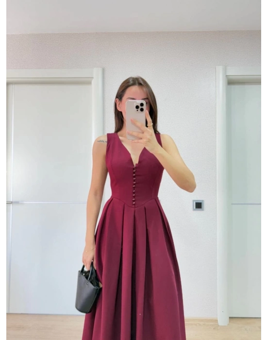 V Yaka Uzun Kolsuz Elbise Bordo