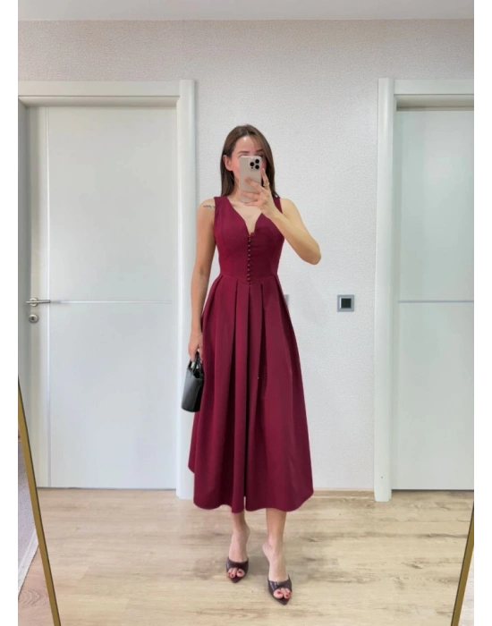 V Yaka Uzun Kolsuz Elbise Bordo