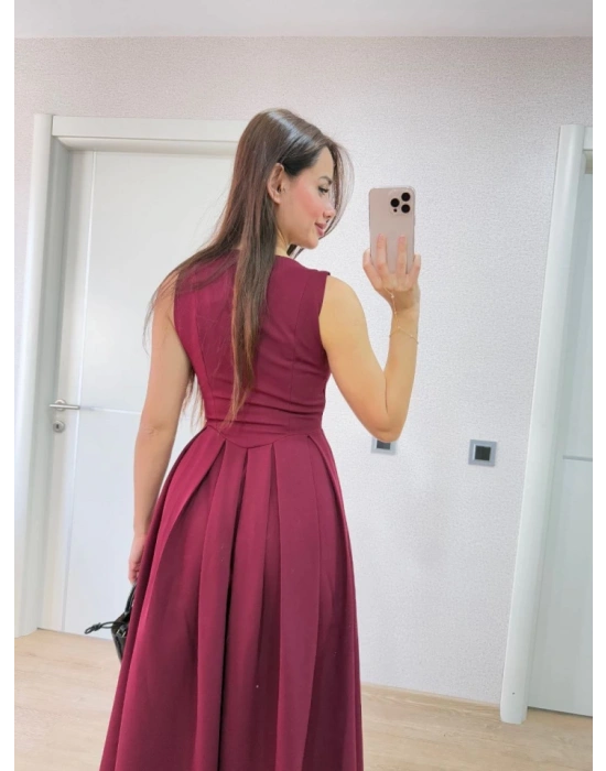 V Yaka Uzun Kolsuz Elbise Bordo