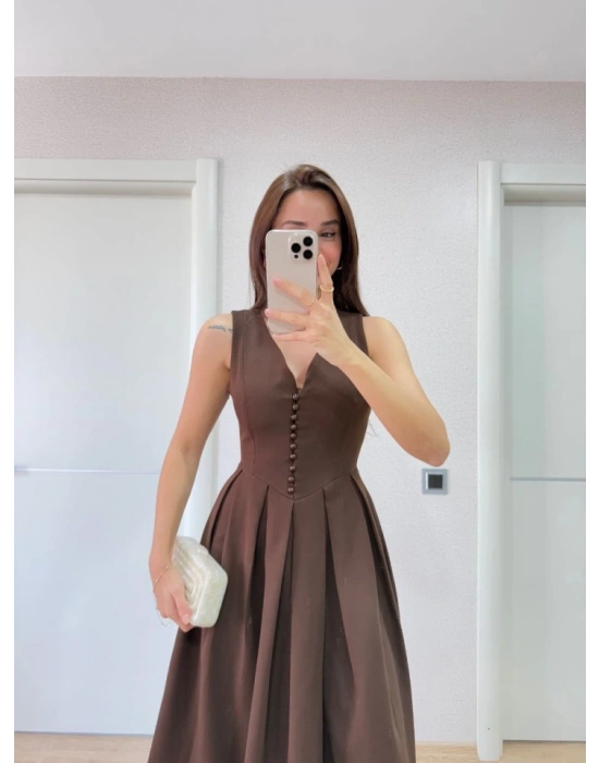 V Yaka Uzun Kolsuz Elbise Kahverengi