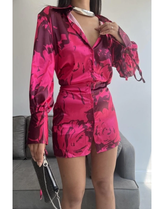 Vatkalı Manşet Detaylı Gömlek Elbise  Fuşya