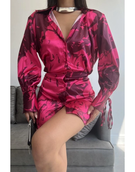 Vatkalı Manşet Detaylı Gömlek Elbise  Fuşya