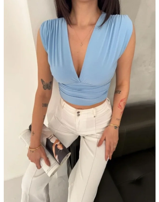 Vatkalı Kolsuz V Yaka Drapeli Crop Bluz ikralı Fit  Bebek avisi