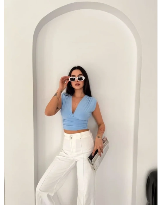Vatkalı Kolsuz V Yaka Drapeli Crop Bluz ikralı Fit  Bebek avisi